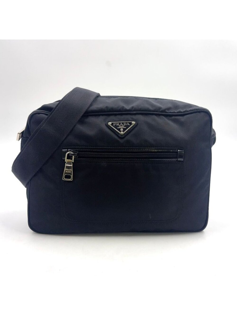 Prada Triangle Logo Leather Nylon Black Shoulder Bag Silver